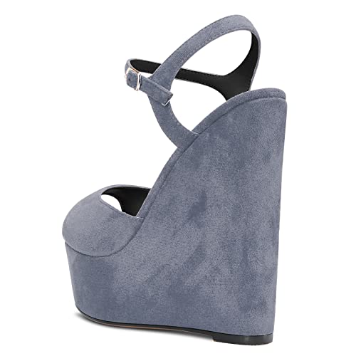 DearOnly Womens Wedge Platform Sandals Peep Open Toe Ankle Strap Block Chunky Heel Suede Dress Shoes Bridal Wedding Shopping Cute Grey 6 Inch