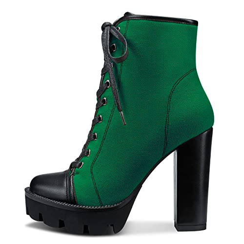 Aachcol Women Platform Boots Chunky Block High Heel Close Round Toe Shoes Lace-up Classic 5 Inch Green