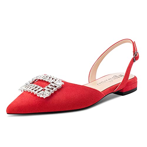 TNYNFBEB Women Chunky Block Low Heel Pointed Toe Flats Shoes Slingback Buckle Rhinestone Crystal Party Cute 0.6 Inches Heels Red