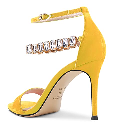 Aachcol Women Sandals Peep Open Toe Ankle Strap Stiletto High Heel Sexy Dress Shoes Pumps Office Wedding Satin Yellow 3 Inch