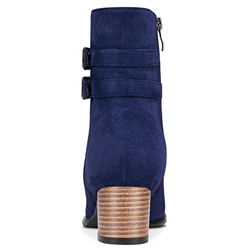 DearOnly Womens Short Bootie Ankle Boots Mid Calf Pointed Toe Block Chunky High Heel Suede Dress Shoes Vintage Classic Zipper Navy Blue 2 Inch