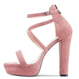Aachcol Women Platform Sandals Peep Open Toe Ankle Strap Chunky Block High Heel Dress Shoes Pumps Wedding Suede Pink 5 Inch