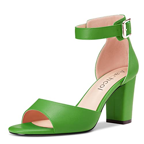 Aachcol Women Sandals Peep Open Toe Ankle Strap Chunky Block High Heel Dress Shoes Matte Classic Green d 3 Inch
