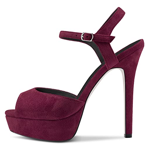 DearOnly Womens Platform Sandals Peep Open Toe Ankle Strap Stiletto High Heel Suede Dress Shoes Bridal Wedding Burgundy Red 5 Inch