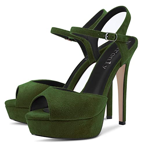 DearOnly Womens Platform Sandals Peep Open Toe Ankle Strap Stiletto High Heel Suede Dress Shoes Bridal Wedding Olive Green 5 Inch