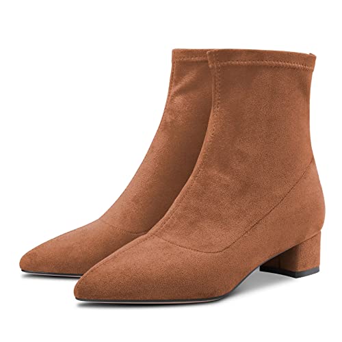 Castamere Women Chunky Block Low Heel Close Pointed Toe Ankle Boots Short Bootie Slip-on Zipper 1.4 Inches Heels Classic Cute Shoes Brown