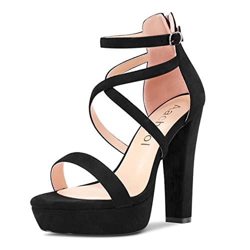 Aachcol Women Platform Sandals Peep Open Toe Ankle Strap Chunky Block High Heel Dress Shoes Pumps Wedding Suede Black 5 Inch