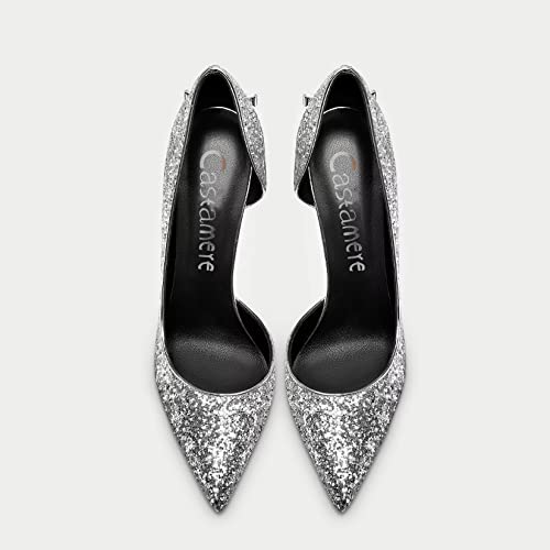 Castamere Gretta Glitter High Heels with Butterfly Bow, Elegant 3.3Inches Metallic Stiletto and Pointed Toe Design for Women Silver