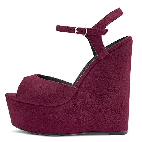 DearOnly Womens Wedge Platform Sandals Peep Open Toe Ankle Strap Block Chunky Heel Suede Dress Shoes Bridal Wedding Shopping Cute Burgundy Red 6 Inch