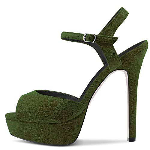 DearOnly Womens Platform Sandals Peep Open Toe Ankle Strap Stiletto High Heel Suede Dress Shoes Bridal Wedding Olive Green 5 Inch