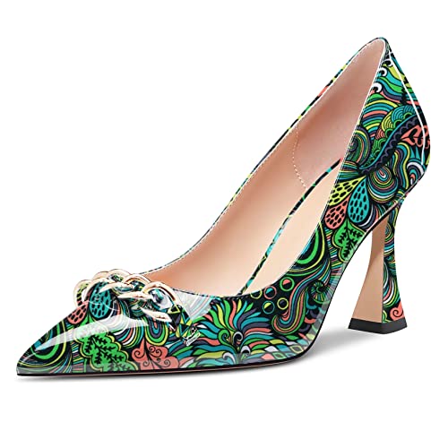 Castamere Women High Heel Chunky Block Pointed Toe Pumps Slip-on Party Dress 3.3 Inches Heels Green Multicolor